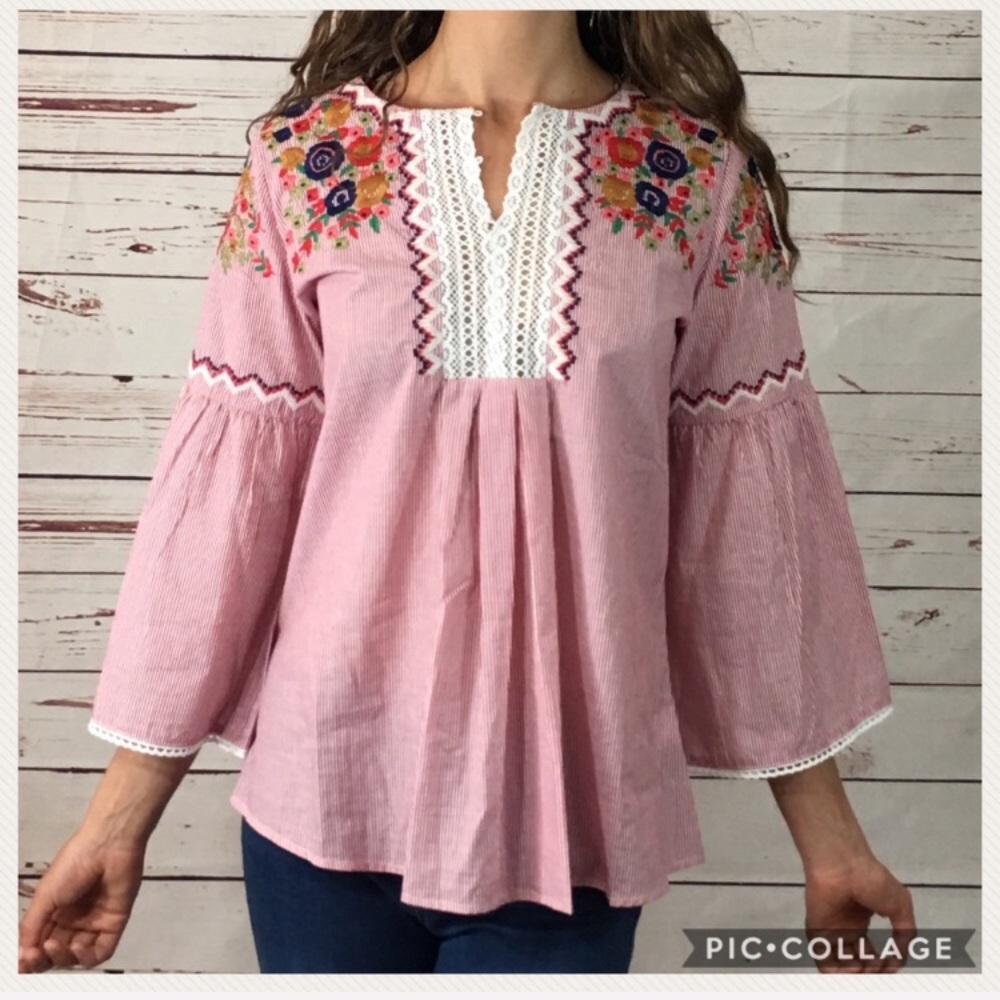 Floral Embroidered Boho Top in Red/White